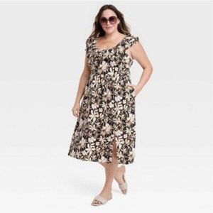 Women's Ruffle Sleeveless A-Line Dress - Ava & Viv Black Floral 4X, 3X NWT